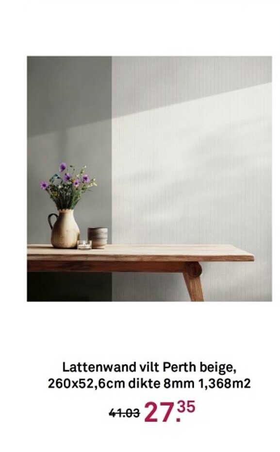 Lattenwand vilt Perth beige, 260x52,6cm dikte 8mm 1,368m2