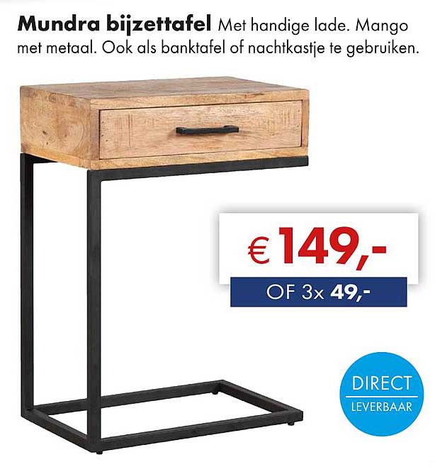 Mundra bijzettafel Met handige lade. Mango met metaal. Ook als banktafel of nachtkastje te gebruiken.