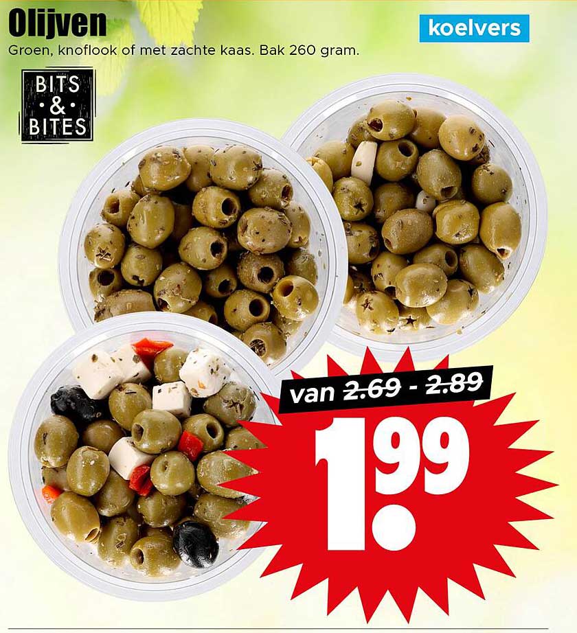 Olijven, groen, knoflook of met zachte kaas. Bak 260 gram.