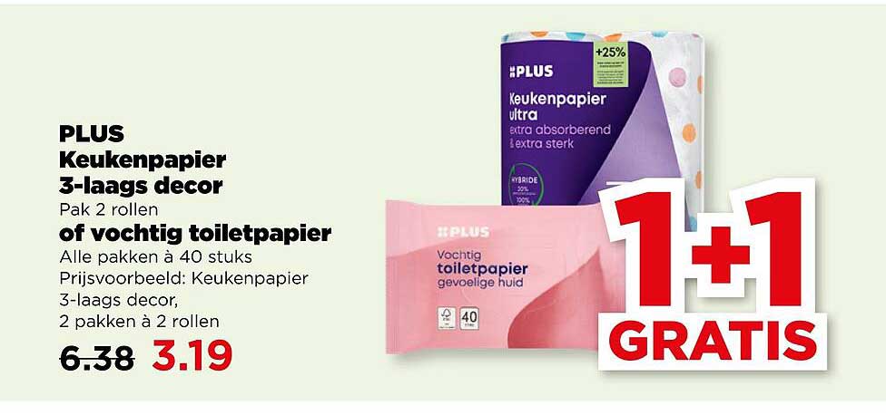 PLUS Keukenpapier 3-laags decor of vochtig toiletpapier