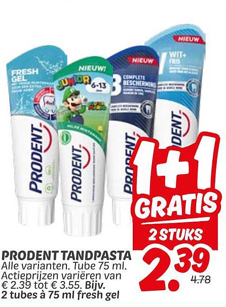 PRODENT TANDPASTA 75 ML - 1+1 GRATIS