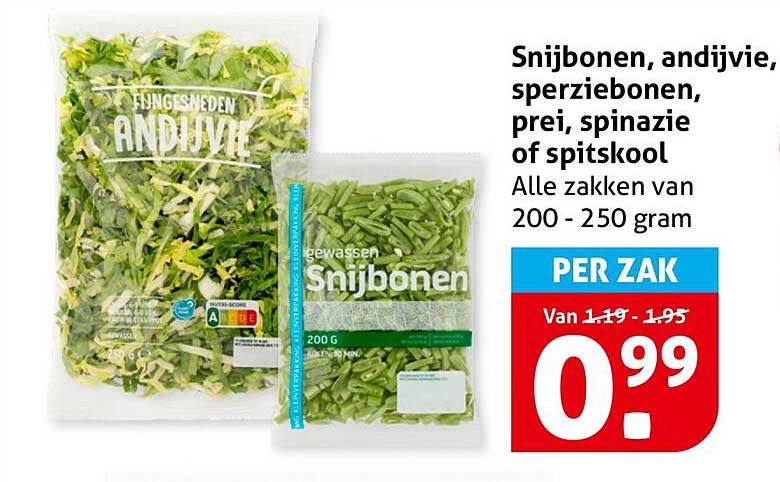 Snijbonen, andijvie, sperziebonen, prei, spinazie of spitskool, Alle zakken van 200 - 250 gram