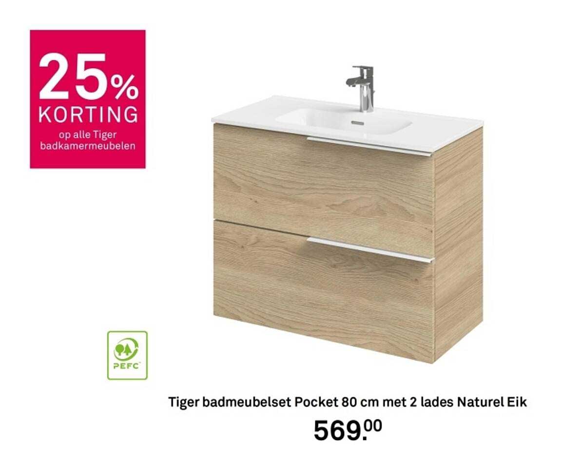 Tiger badmeubelset Pocket 80 cm met 2 lades Naturel Eik