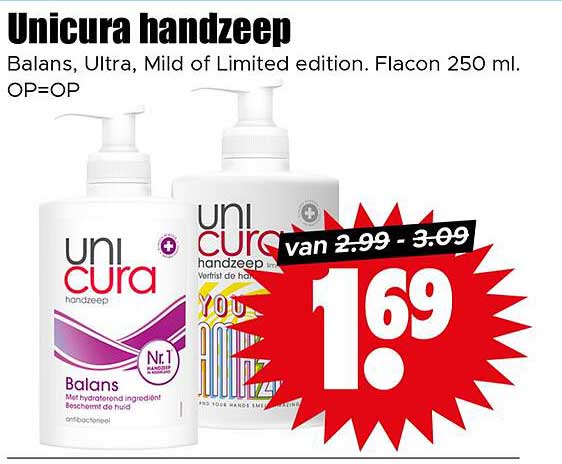 Unicura handzeep Balans, Ultra, Mild of Limited edition. Flacon 250 ml.