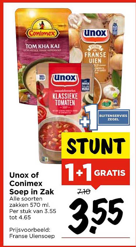 Unox of Conimex Soep in Zak 1+1 Gratis