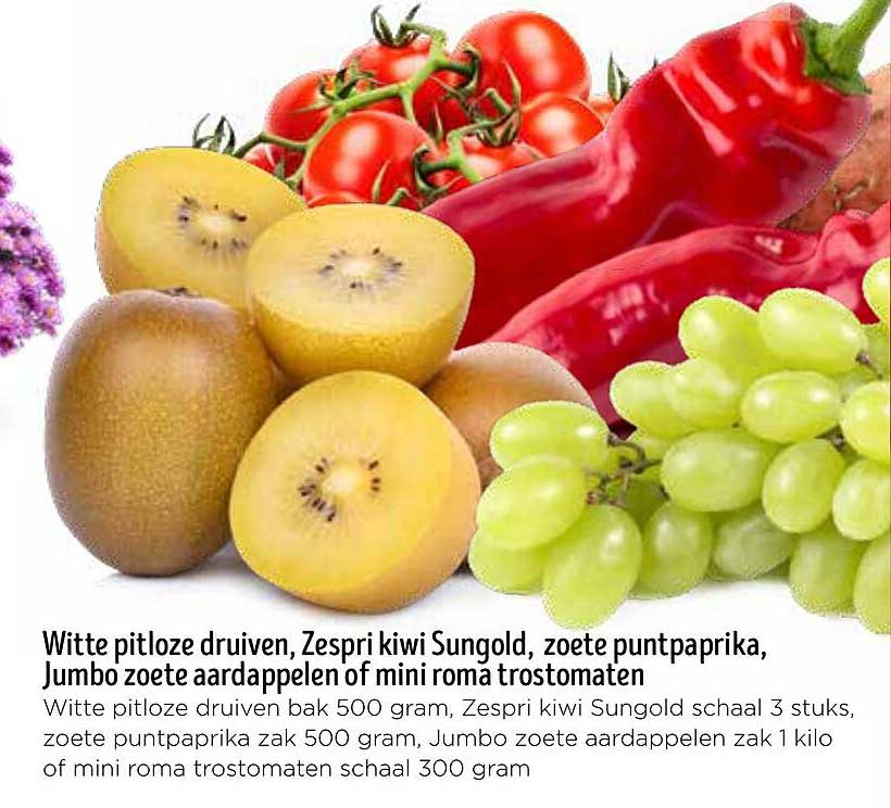 Witte pitloze druiven, Zespri kiwi Sungold, zoete puntpaprika, Jumbo zoete aardappelen of mini roma trostomaten