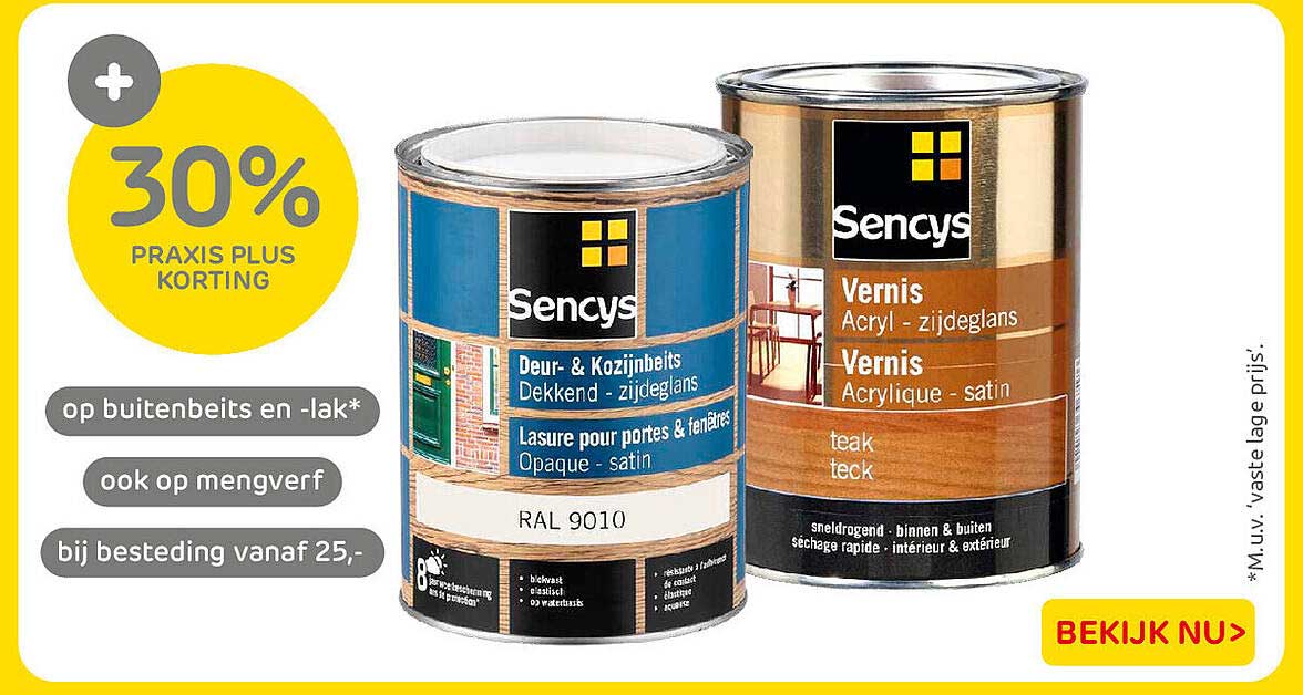 30% Praxis Plus korting op buitenbeits en -lak* ook op mengverf bij besteding vanaf 25,-