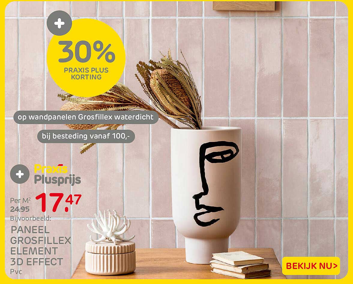 30% Praxis Plus korting op wandpanelen Grosfillex waterdicht bij besteding vanaf 100,-