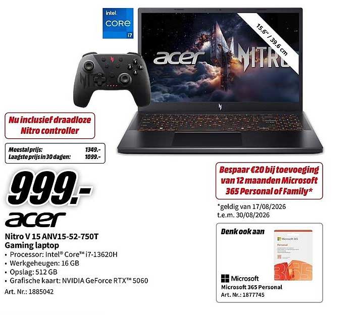 Acer Nitro V 15 ANV15-52-750T Gaming laptop Nu inclusief draadloze Nitro controller