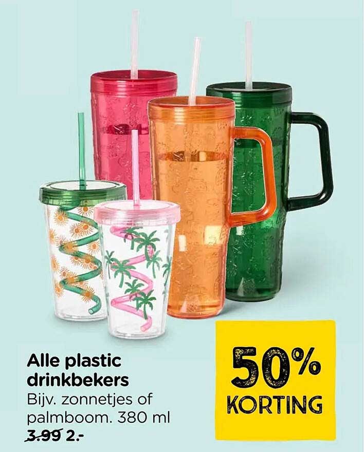 Alle plastic drinkbekers Bijv. zonnetjes of palmboom. 380 ml 50% KORTING