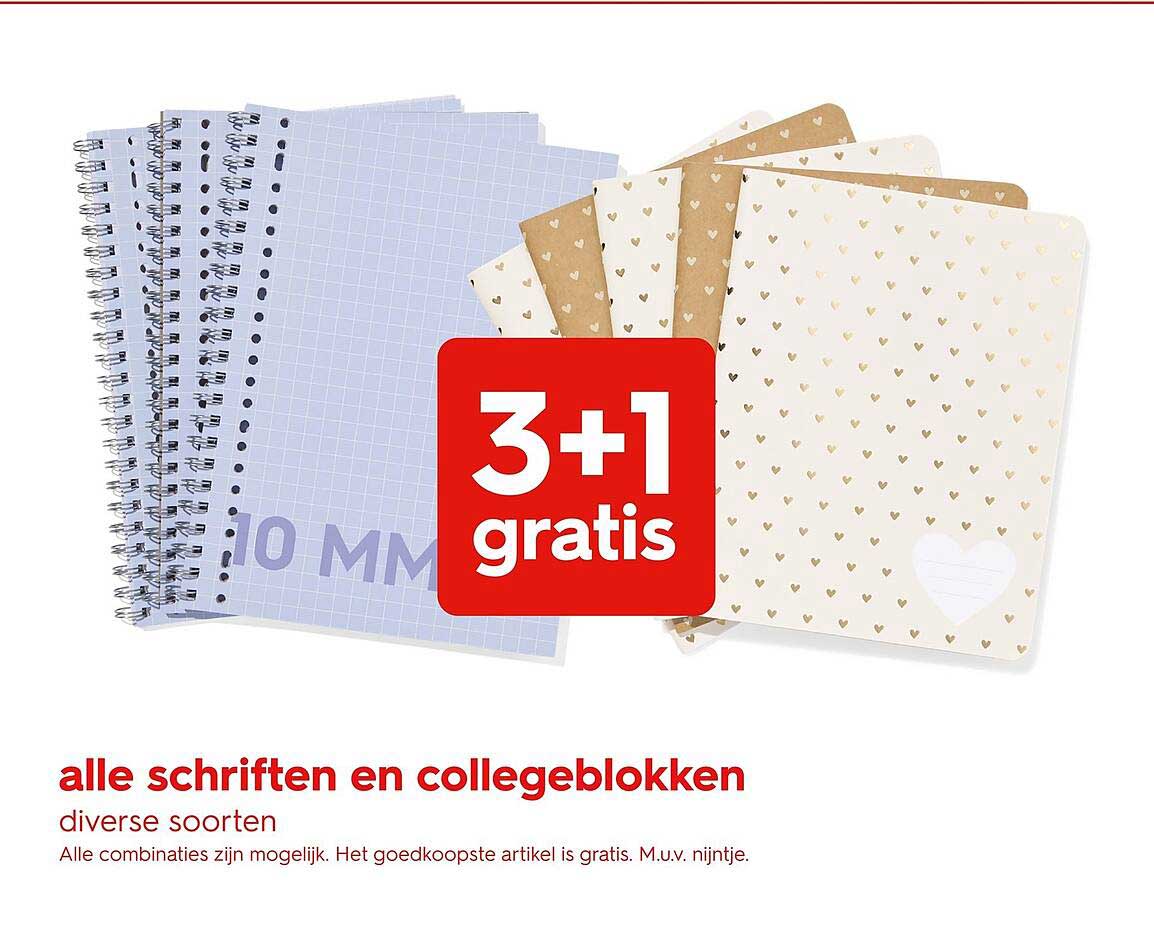 alle schriften en collegeblokken diverse soorten 3+1 gratis