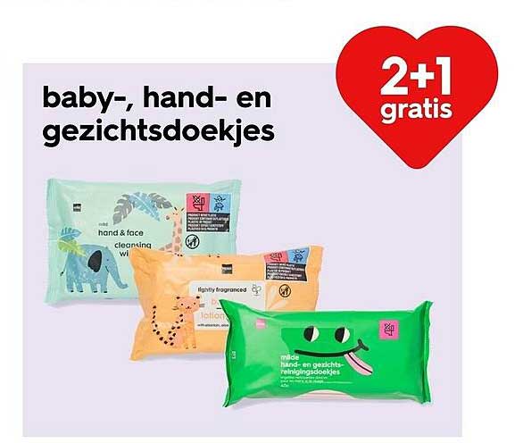 baby-, hand- en gezichtsdoekjes 2+1 gratis