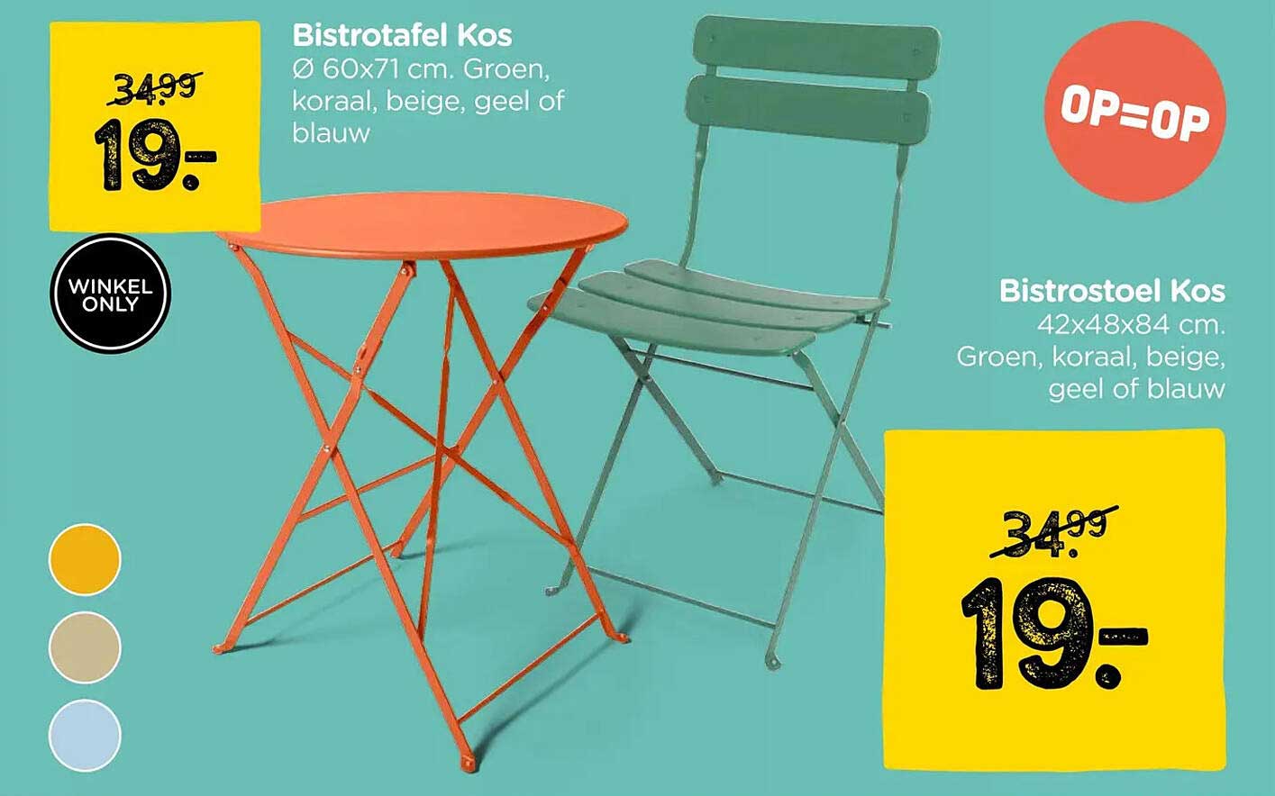 Bistrotafel Kos Ø 60x71 cm. Groen, koraal, beige, geel of blauw