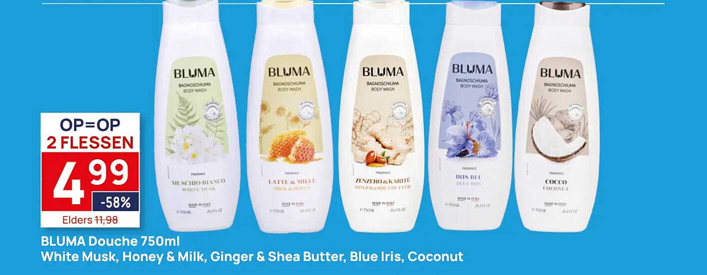 BLUMA Douche 750ml White Musk, Honey & Milk, Ginger & Shea Butter, Blue Iris, Coconut