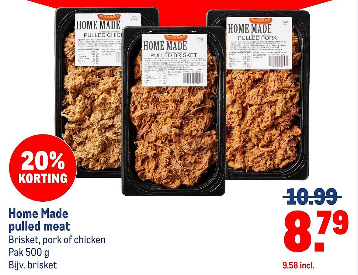 Home Made pulled meat Brisket, pork of chicken Pak 500 g Bijv. brisket