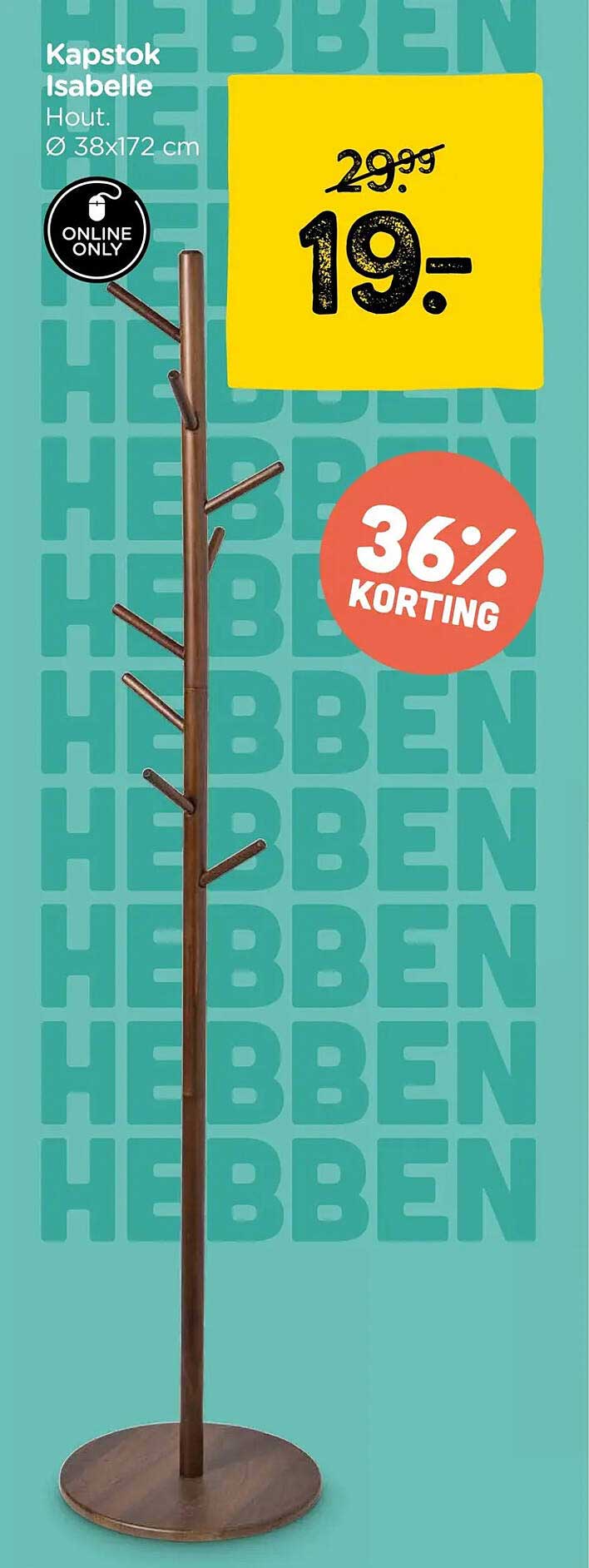 Kapstok Isabelle Hout. Ø 38x172 cm