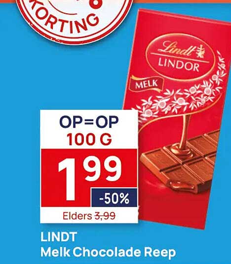 LINDT Melk Chocolade Reep OP=OP 100 G -50%