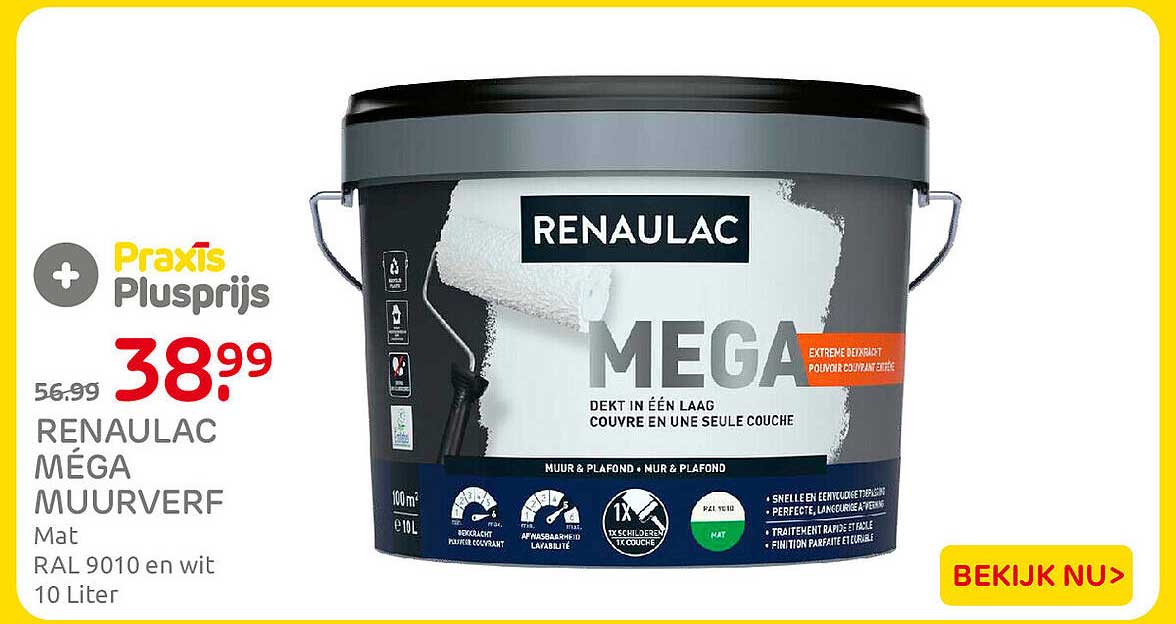 RENAULAC MÉGA MUURVERF Mat RAL 9010 en wit 10 Liter