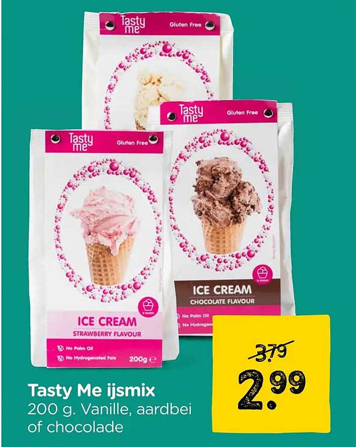 Tasty Me ijsmix 200 g. Vanille, aardbei of chocolade