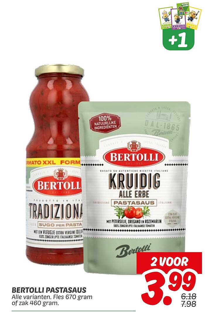 BERTOLLI PASTASAUS Alle varianten. Fles 670 gram of zak 460 gram.