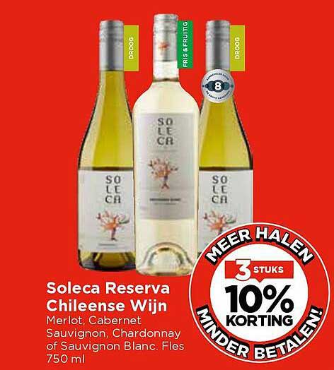 Soleca Reserva Chileense Wijn Merlot, Cabernet Sauvignon, Chardonnay of Sauvignon Blanc. Fles 750 ml