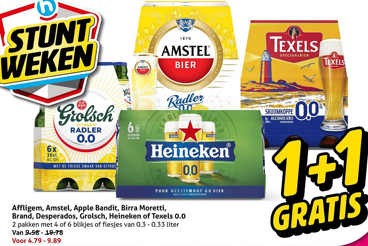 Affligem, Amstel, Apple Bandit, Birra Moretti, Brand, Desperados, Grolsch, Heineken of Texels 0.0 1+1 GRATIS