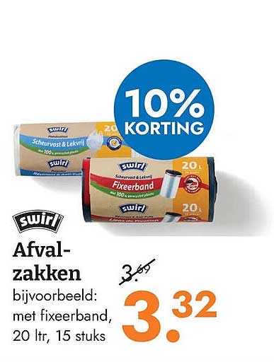 Afvalzakken bijvoorbeeld: met fixeeband, 20 ltr, 15 stuks 10% KORTING