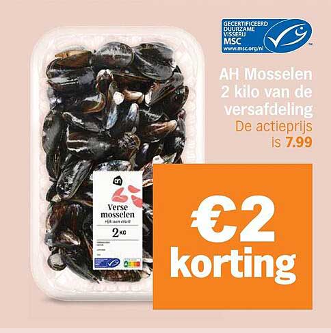 AH Mosselen 2 kilo van de versafdeling €2 korting