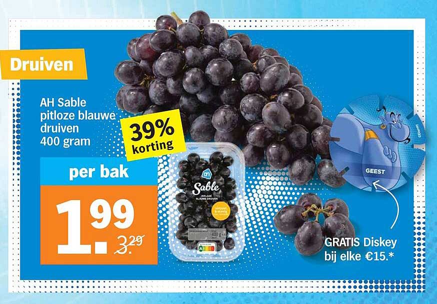 AH Sable pitloze blauwe druiven 400 gram 39% korting GRATIS Diskey bij elke €15.*