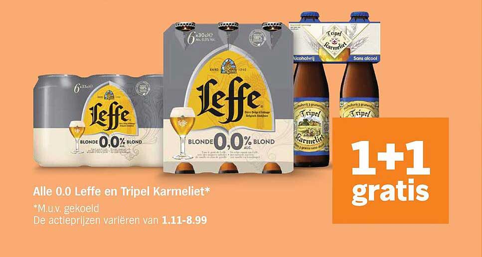Alle 0.0 Leffe en Tripel Karmeliet* 1+1 gratis