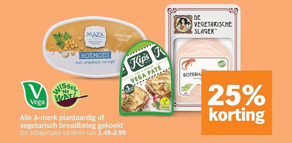 Alle A-merk plantaardig of vegetarisch broodbeleg gekoeld 25% korting