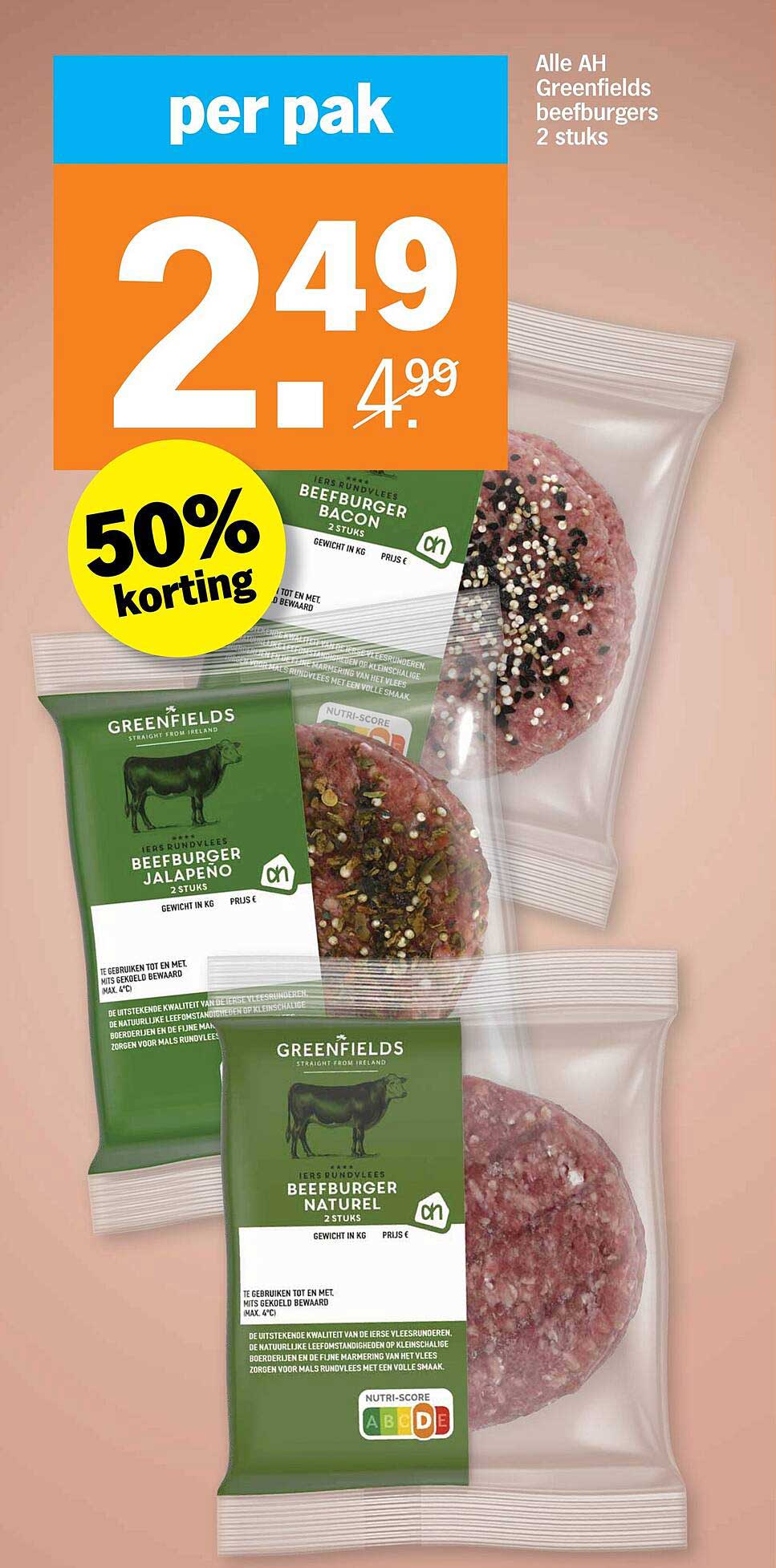 Alle AH Greenfields beefburgers 2 stuks 50% korting