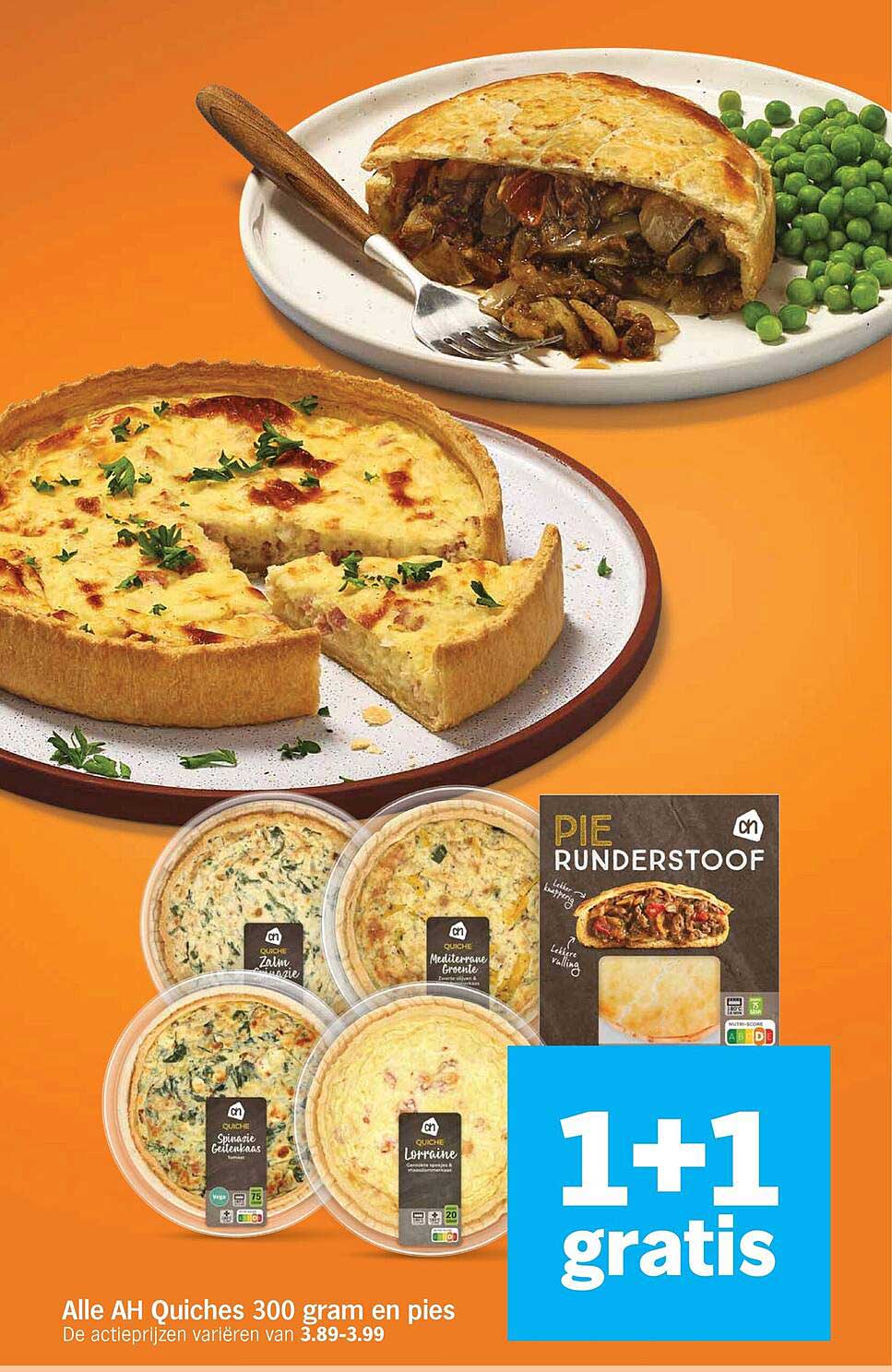 Alle AH Quiches 300 gram en pies 1+1 gratis