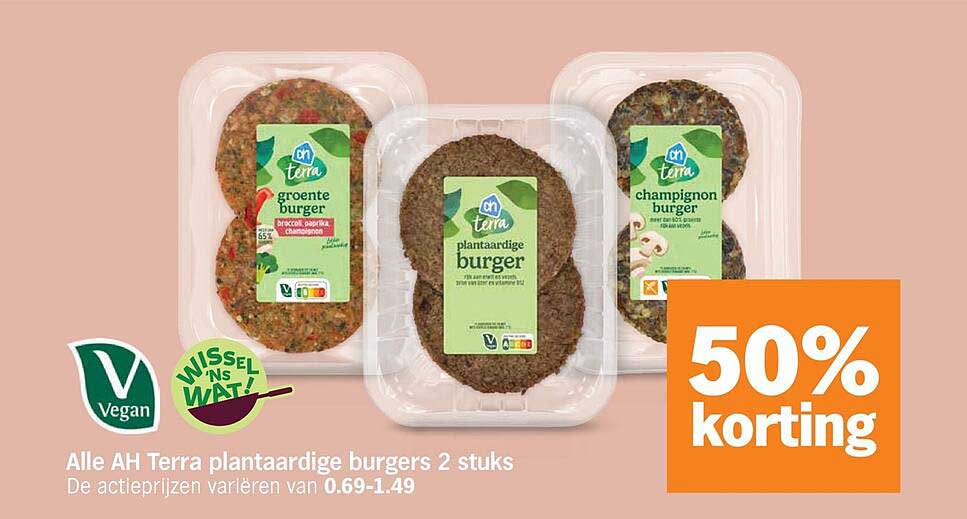 Alle AH Terra plantaardige burgers 2 stuks 50% korting