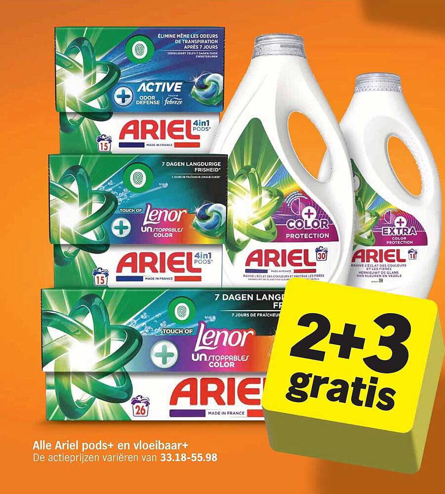 Alle Ariel pods+ en vloeibaar+ 2+3 gratis