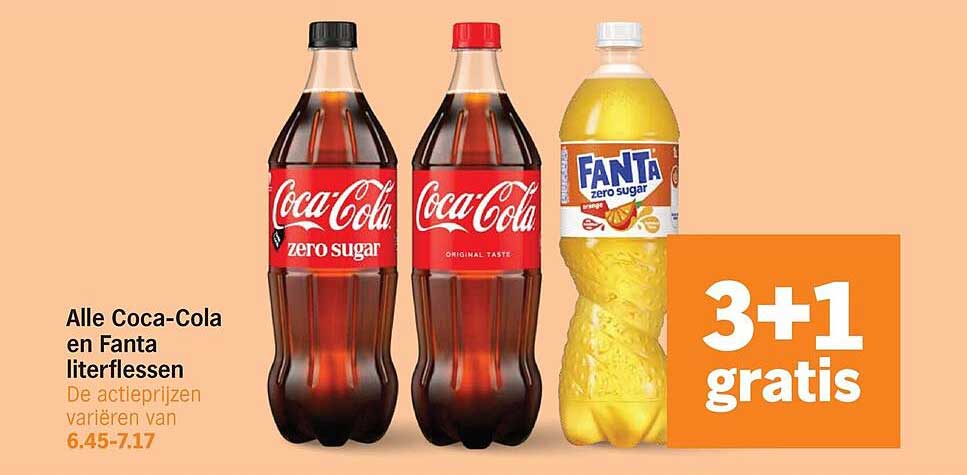 Alle Coca-Cola en Fanta literflessen 3+1 gratis