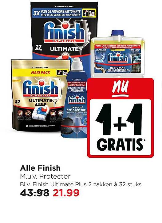 Alle Finish M.u.v. Protector Bijv. Finish Ultimate Plus 2 zakken à 32 stuks 1+1 GRATIS