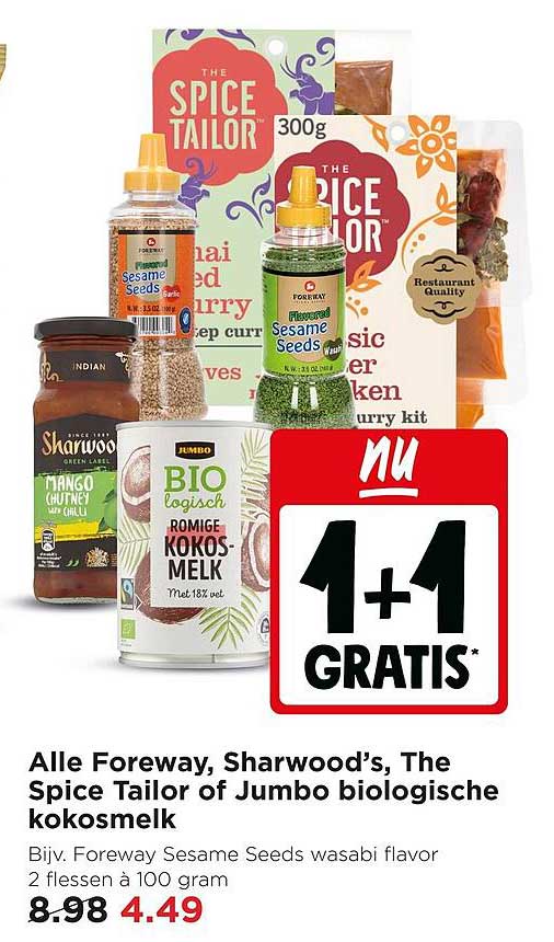 Alle Foreway, Sharwood’s, The Spice Tailor of Jumbo biologische kokosmelk 1+1 gratis