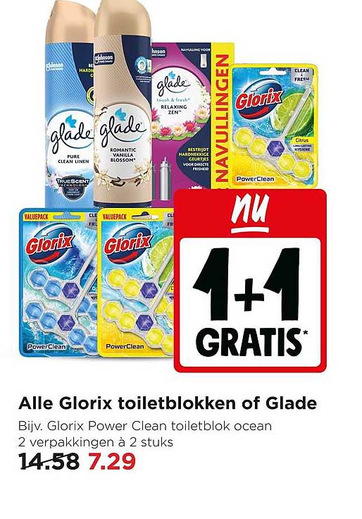 Alle Glorix toiletblokken of Glade 1+1 gratis