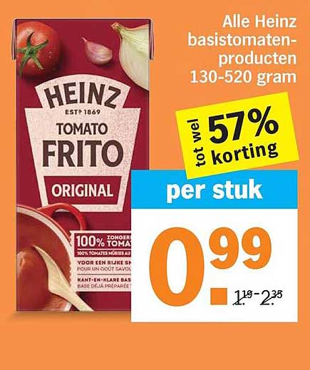 Alle Heinz basistomaten-producten 130-520 gram tot wel 57% korting per stuk