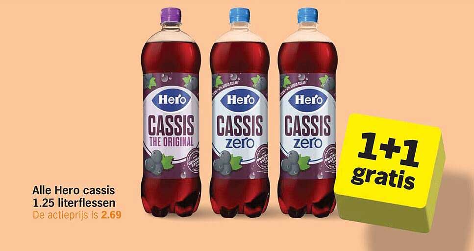 Alle Hero cassis 1.25 literflessen 1+1 gratis