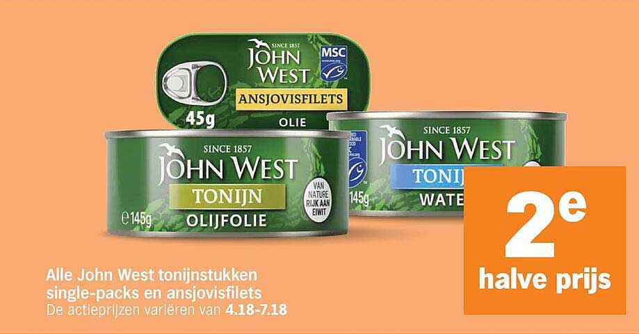 Alle John West tonijnstukken single-packs en ansjovisfilets 2e halve prijs