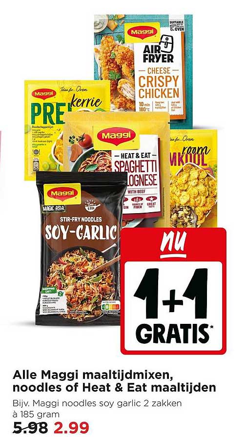 Alle Maggi maaltijdmixen, noodles of Heat & Eat maaltijden 1+1 gratis