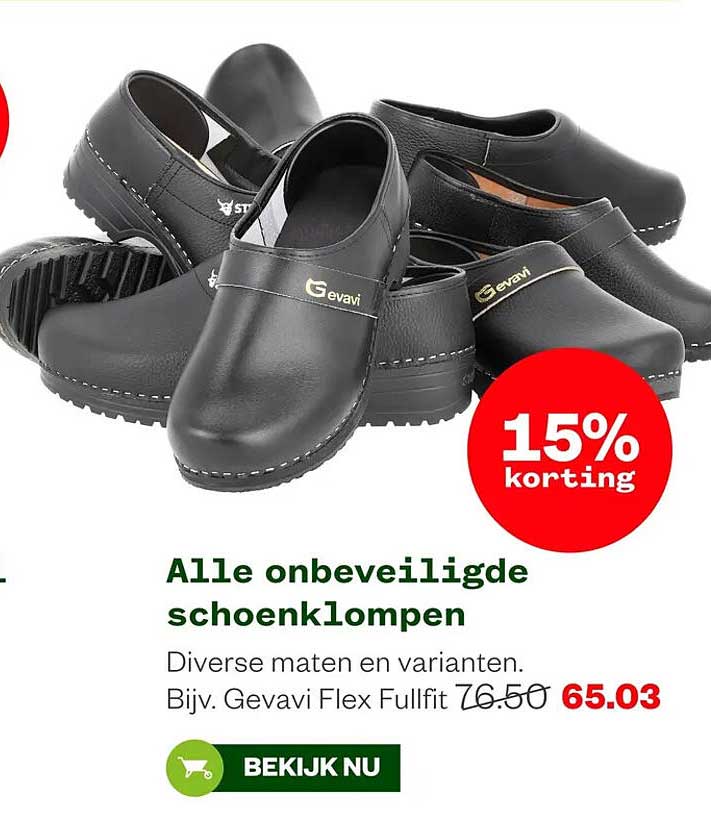 Alle onbeveiligde schoenklompen 15% korting