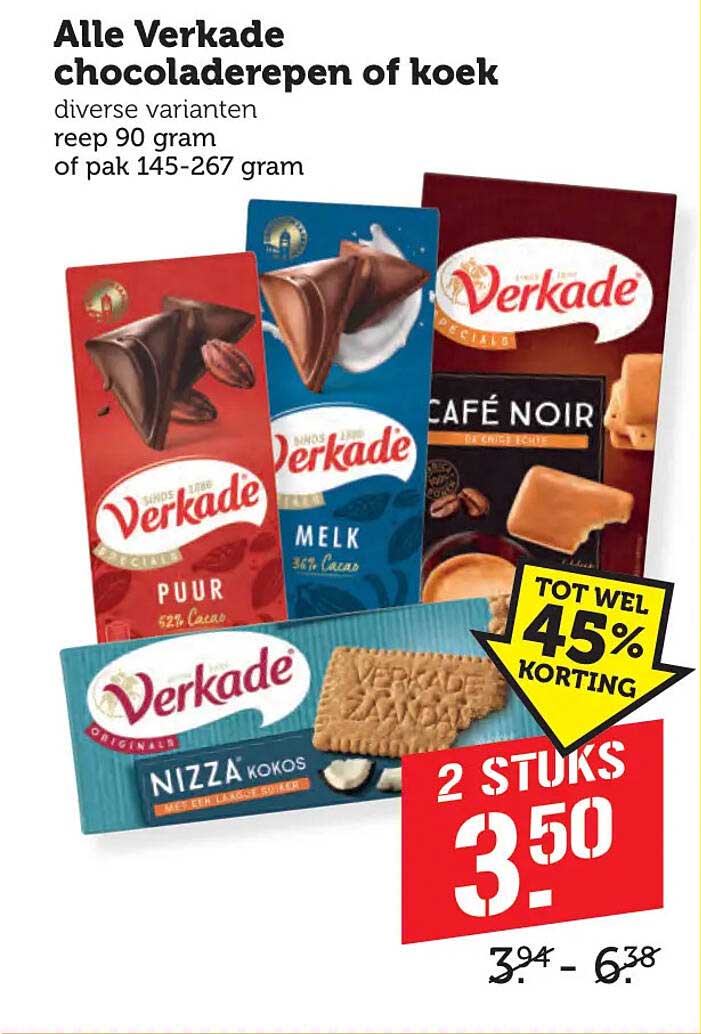 Alle Verkade chocoladerepen of koek diverse varianten reep 90 gram of pak 145-267 gram