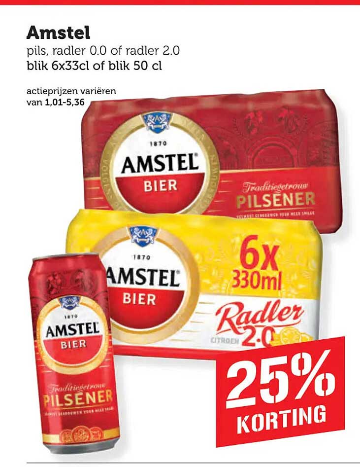 Amstel pils, radler 0.0 of radler 2.0 blik 6x33cl of blik 50 cl 25% korting