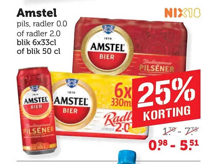 Amstel pils, radler 0.0 of radler 2.0 blik 6x33cl of blik 50 cl 25% KORTING