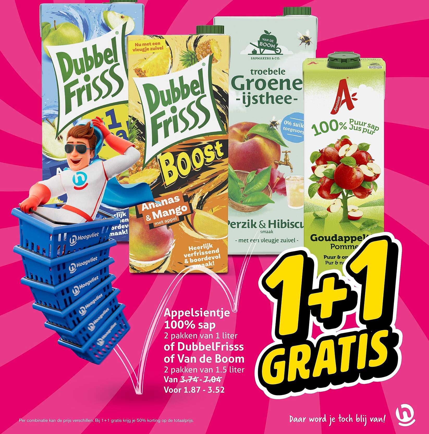 Appelsientje 100% sap 2 pakken van 1 liter of DubbelFrisss of Van de Boom 2 pakken van 1,5 liter 1+1 gratis
