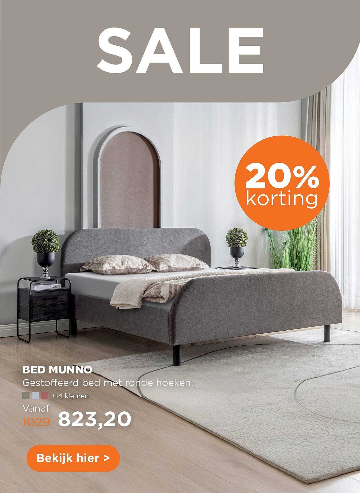 BED MUNNO Gestoffeerd bed met ronde hoeken. 20% korting