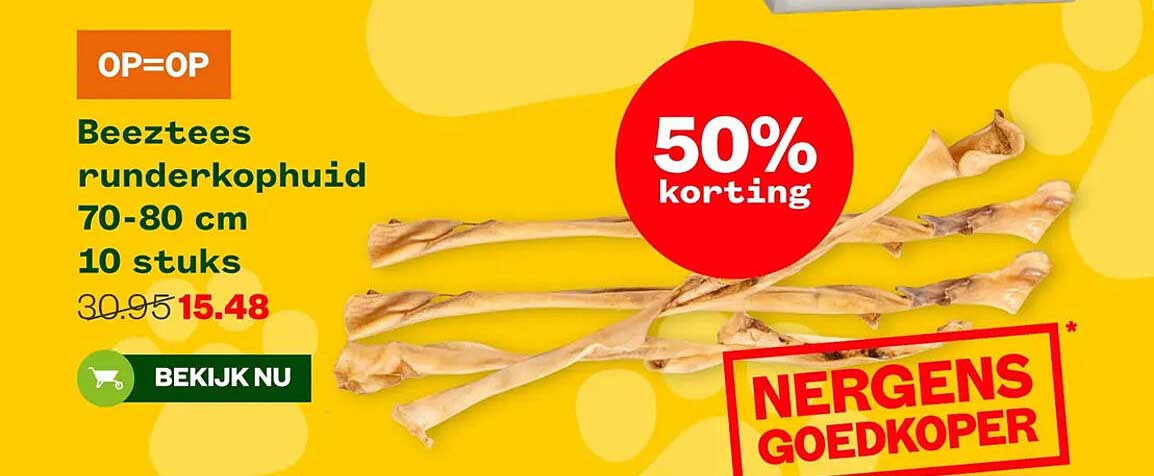 Beeztees runderkophuid 70-80 cm 10 stuks 50% korting